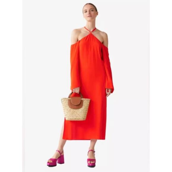 & Other Stories Orange Red Halter Midi Dress Cold Off-Shoulder Pullover Size 8 - Picture 1 of 11